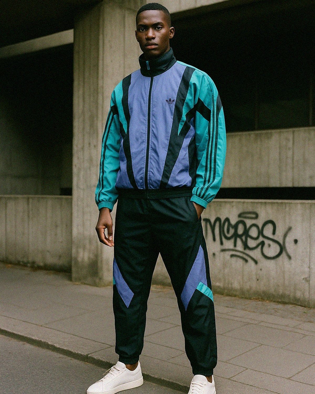 Man wearing a blue and teal color-blocked vintage tracksuit and white sneakers.