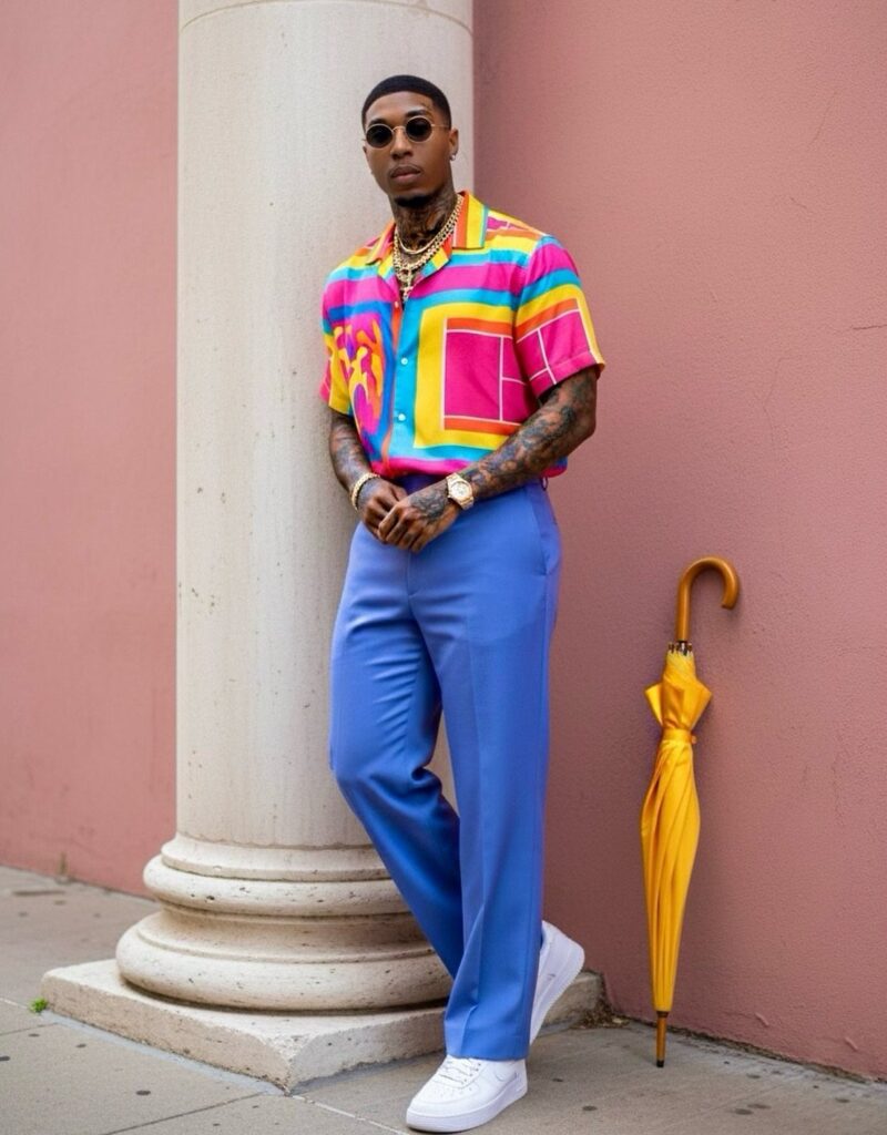 Man in a colorful geometric shirt and blue trousers leaning against a white column