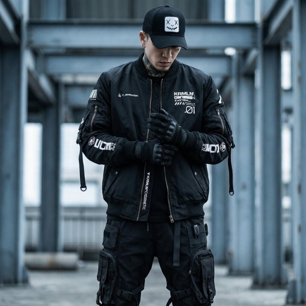 Man in black cyberpunk bomber jacket and cargo pants in industrial setting