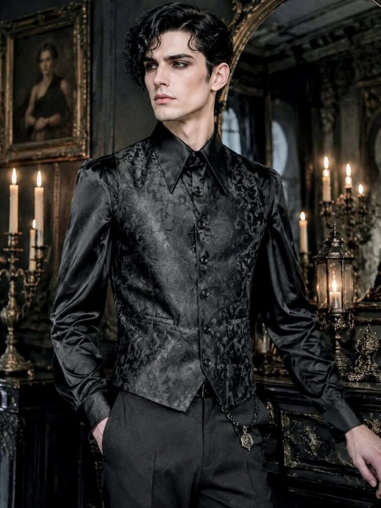 Man in black brocade waistcoat and satin shirt posing in a gothic room.