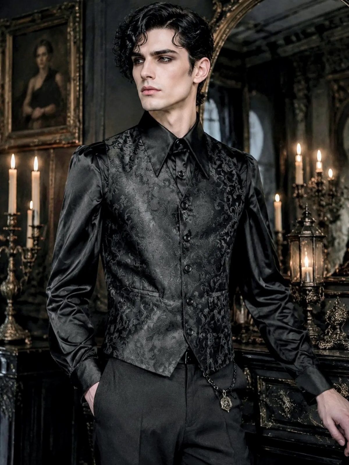 Man in black brocade waistcoat and satin shirt posing in a gothic room.
