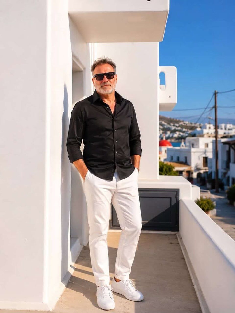 Man wearing a black shirt and white trousers posing in a Greek village.