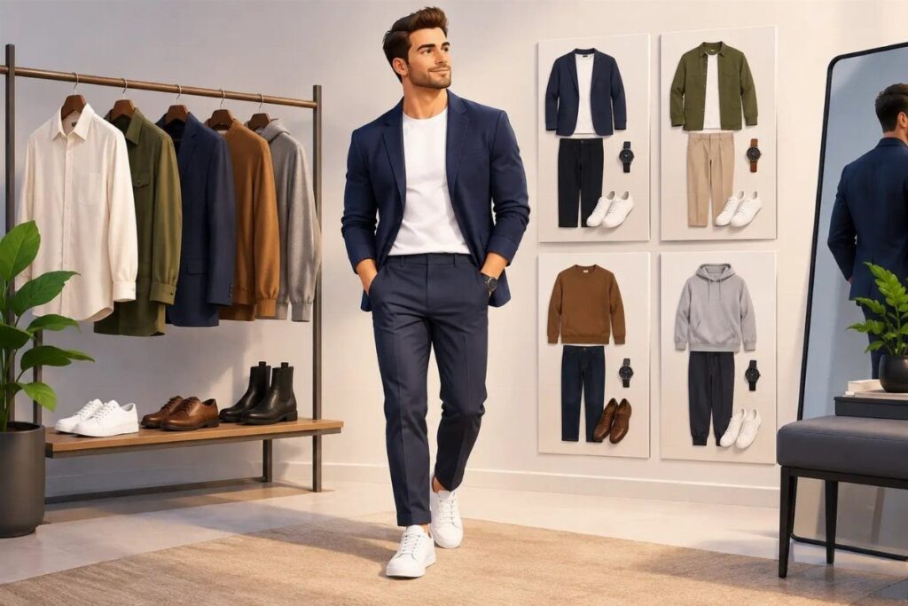 Man wearing a navy blue tailored blazer and trousers with white sneakers in store