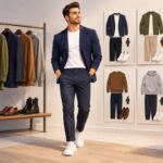 Man wearing a navy blue tailored blazer and trousers with white sneakers in store