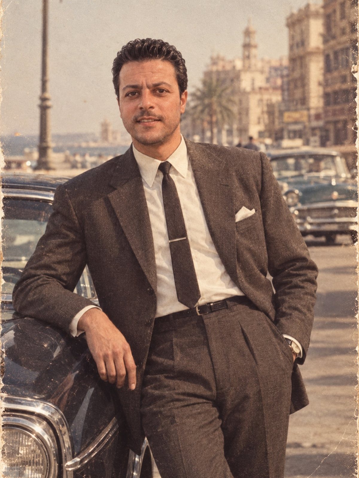 Man in a brown 1960s suit and tie leaning against a vintage car.