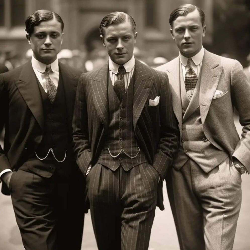 Three men wearing vintage three-piece tailored suits and ties in a sepia photograph.