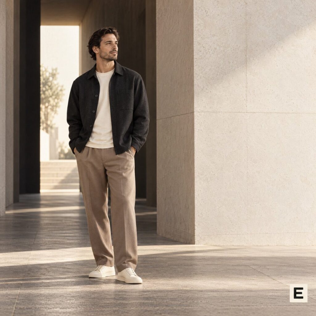 Man wearing a black shirt, white t-shirt, and tan trousers in a modern corridor.