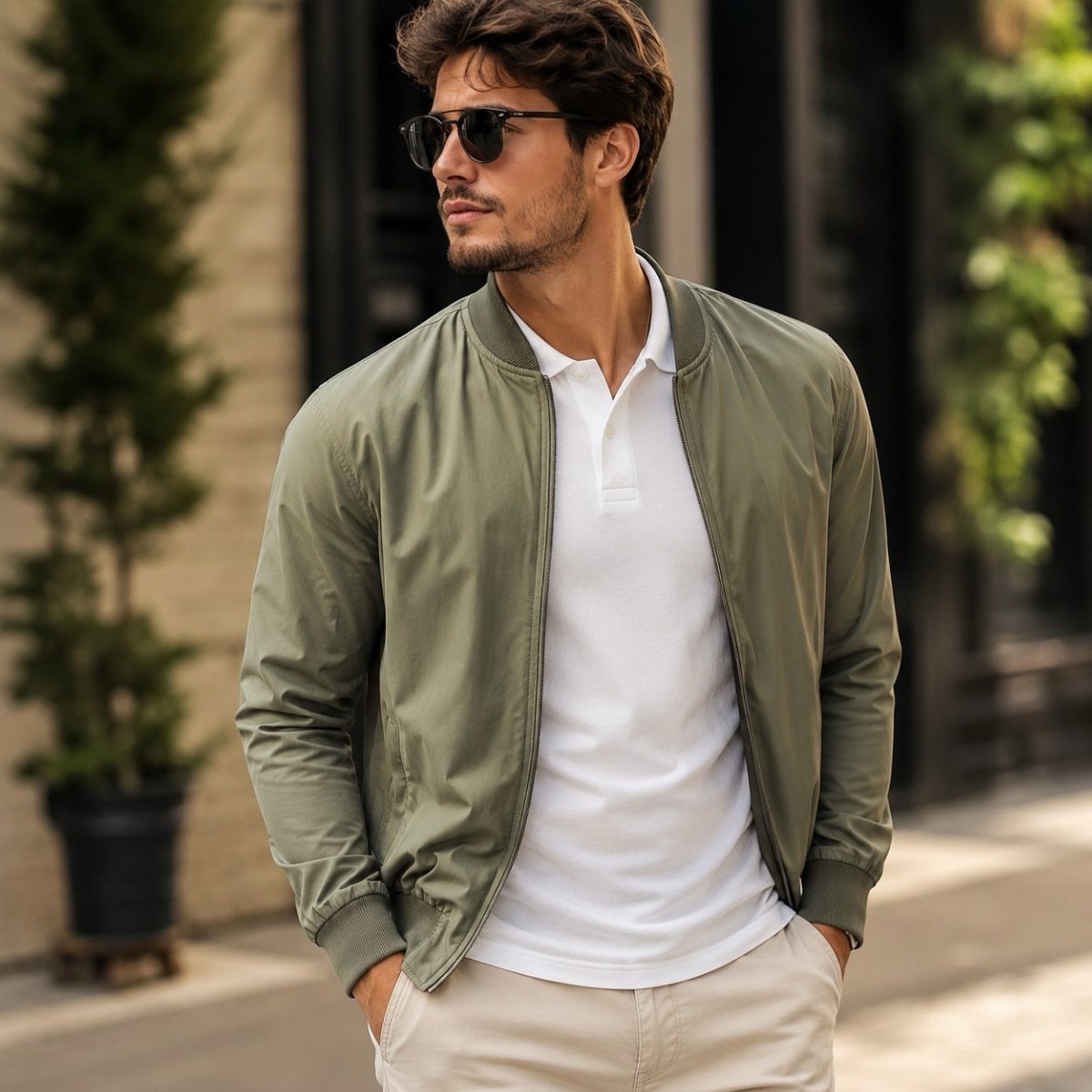 Man in olive green bomber jacket and white polo shirt posing outdoors.