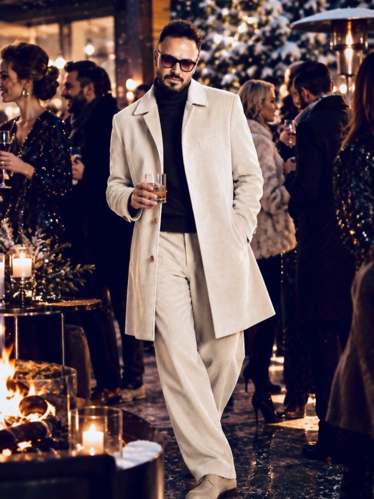 Man in a white corduroy suit and black turtleneck at a winter party.