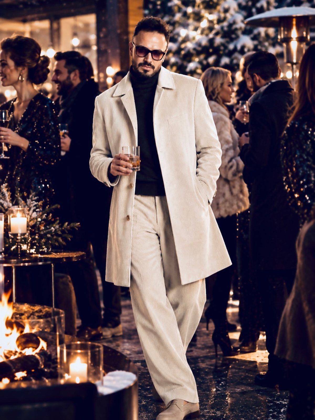 Man in a white corduroy suit and black turtleneck at a winter party.