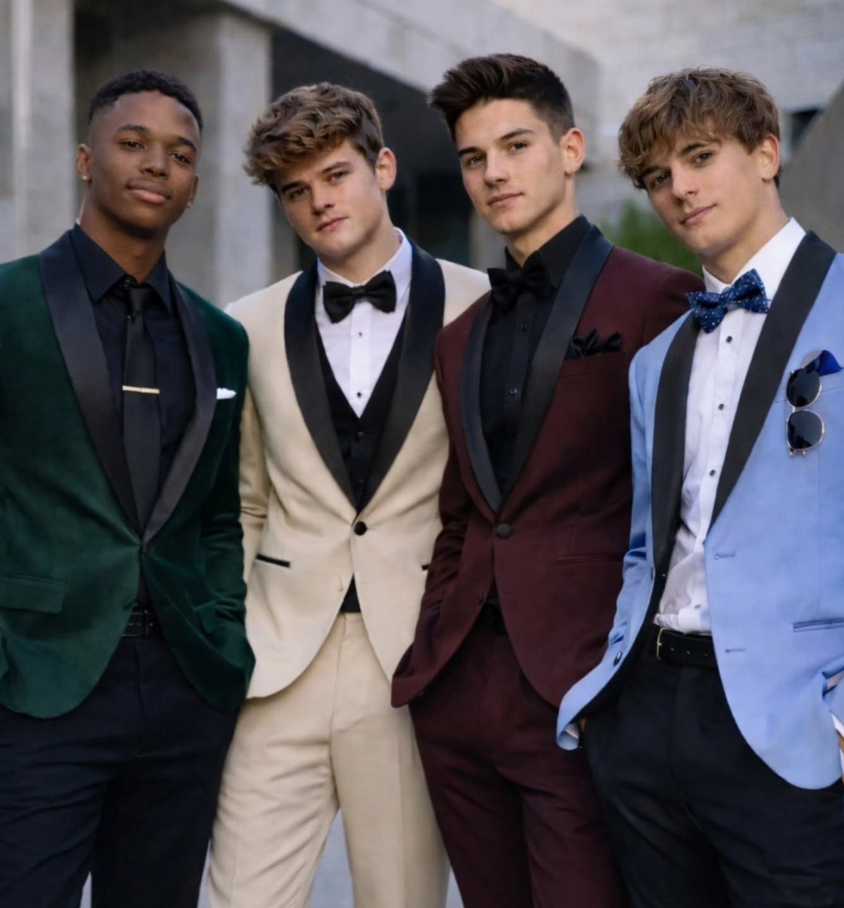 Four young men posing in colorful formal prom suits and bow ties outdoors.
