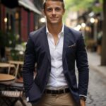 Man wearing a navy blue blazer, white shirt, and khaki trousers on a street.