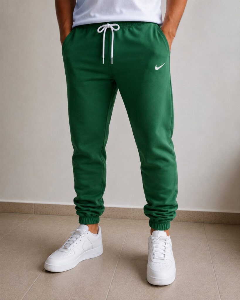 Man wearing green Nike joggers and white sneakers standing against a white wall.