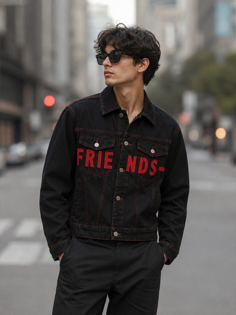 Man wearing a black denim jacket with red text on a city street.