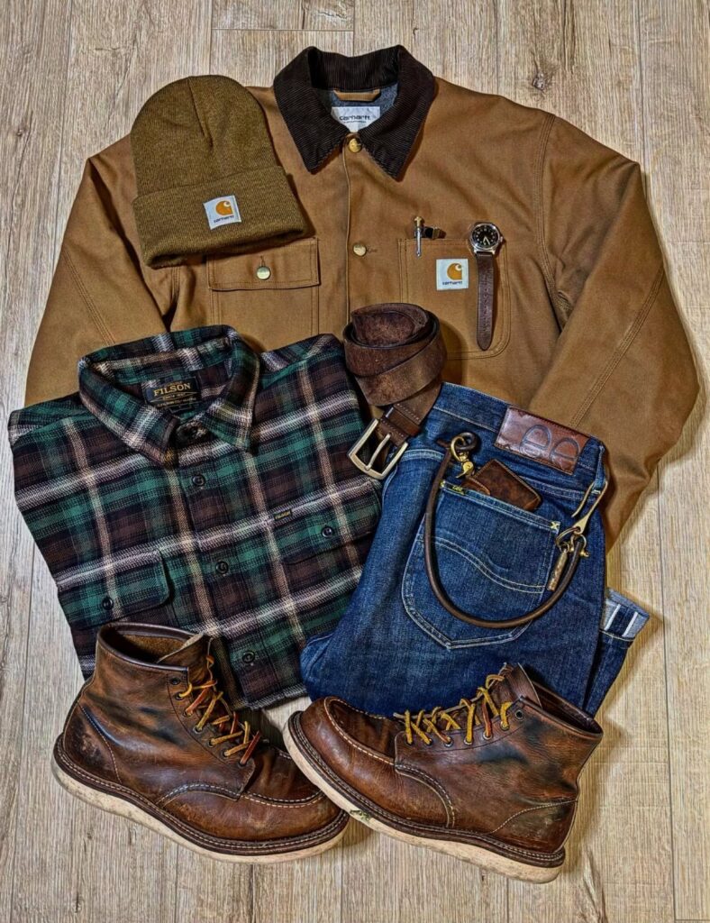 Brown Carhartt jacket, beanie, plaid shirt, jeans, and leather boots arranged on wood.